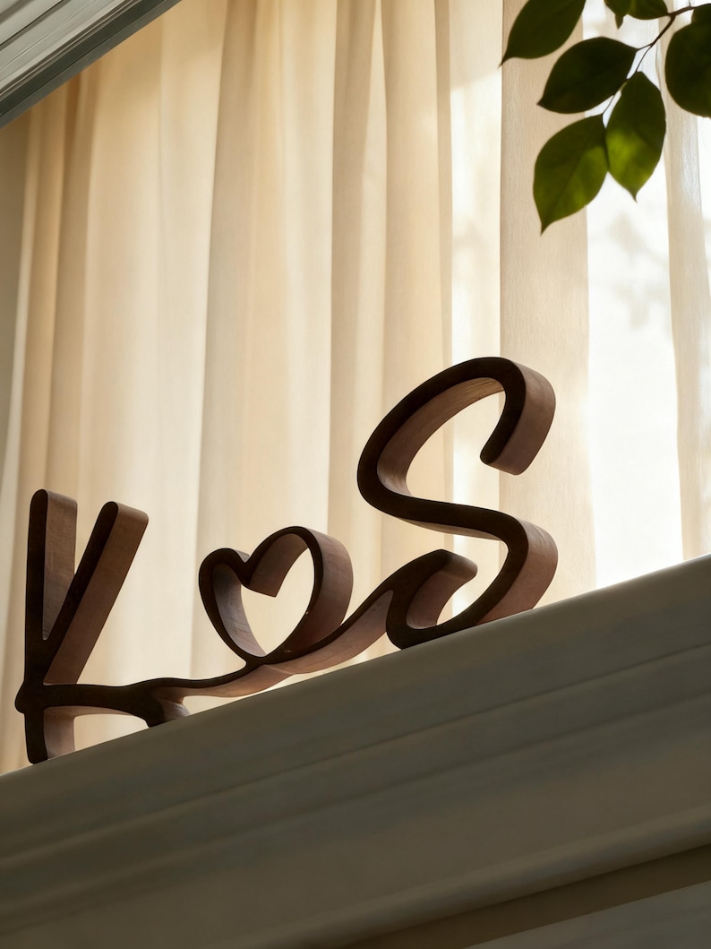 Puede incluir: Iniciales de madera "K & S" en fuente cursiva, con un coraz&oacute;n reemplazando la & comercial. Las letras son de color marr&oacute;n c&aacute;lido, sobre un fondo neutro de ventana y cortinas. Un art&iacute;culo decorativo para la decoraci&oacute;n del hogar.