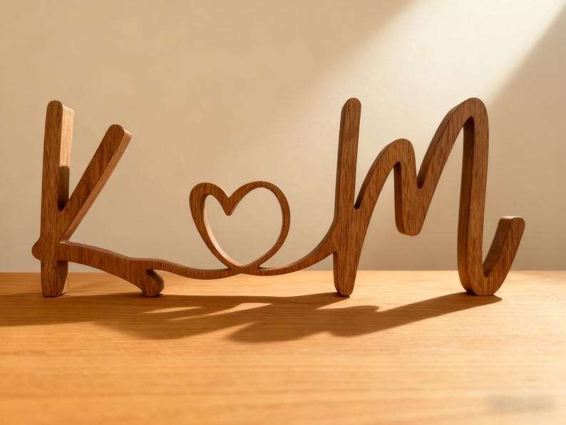 Puede incluir: Pieza decorativa de madera con las letras "K" y "M" unidas por un coraz&oacute;n. Las letras y el coraz&oacute;n est&aacute;n hechos de madera de tonos c&aacute;lidos, proyectando sombras sobre la superficie. Un dise&ntilde;o sencillo y elegante.