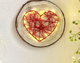 Handmade string art wall decoration – heart & angel on natural wood