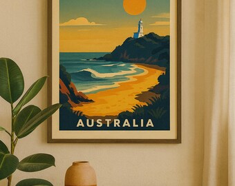 Byron Bay Travel Poster: Vintage Surf Art, Mid-Century Coastal Print (Digital Download)