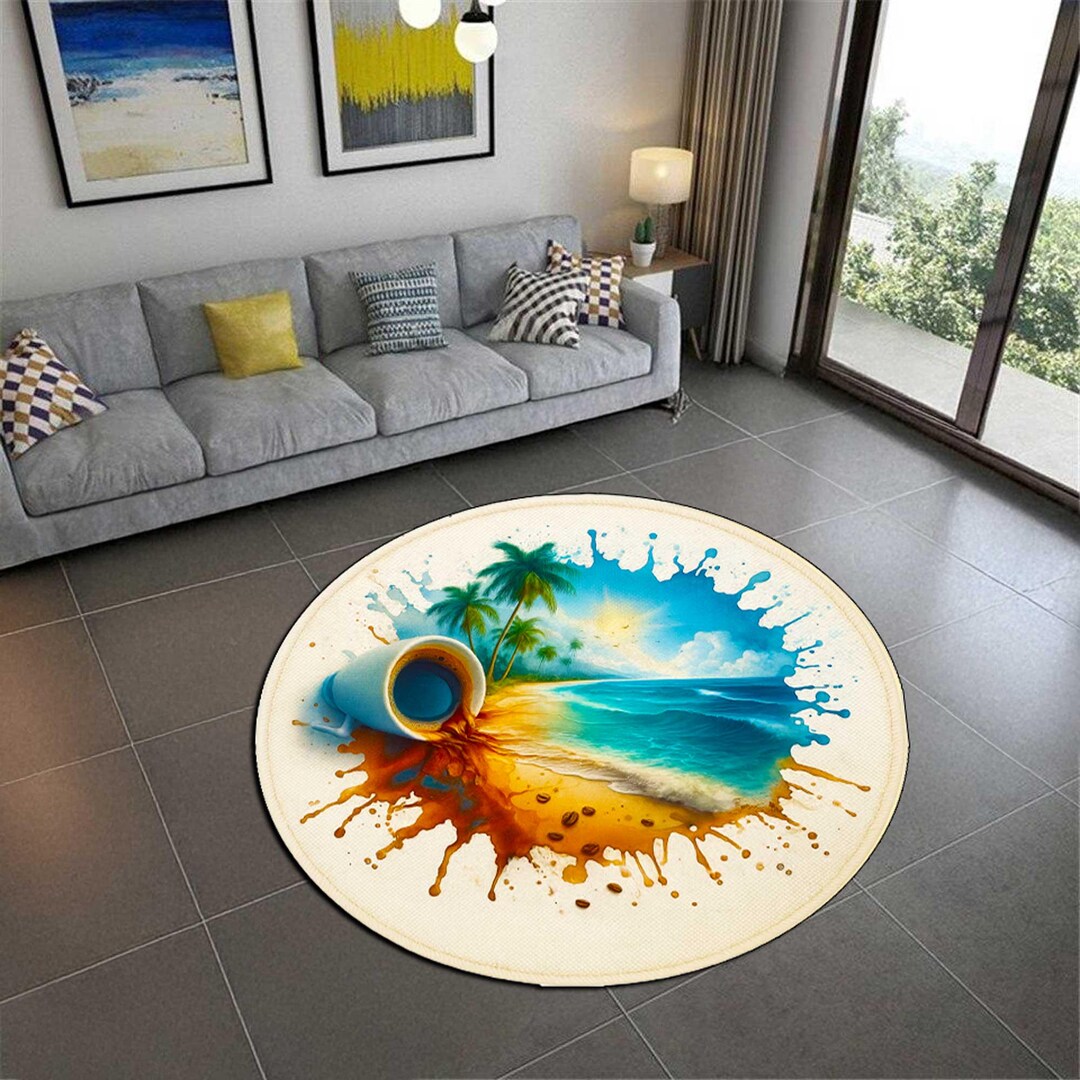Tropical Beach Splatter Round Rug, Coastal Vibe Digital Print Floor Mat ...