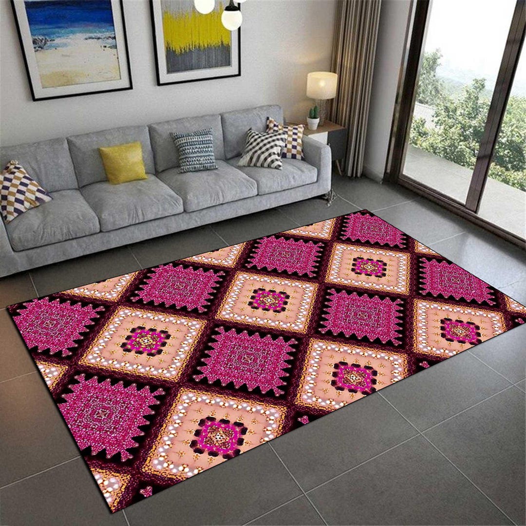 Pink Geometric Boho Rug Digital Download, Retro Patchwork Pattern ...