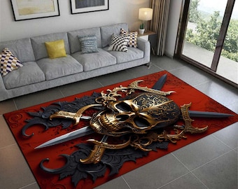 Gothic Skull Rug, Red Sword Decor, Non-Slip Machine Washable