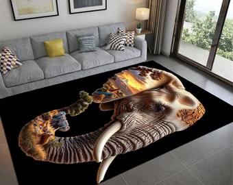 3D Elephant Art Rug, Wildlife Digital Print, Non-Slip Decor