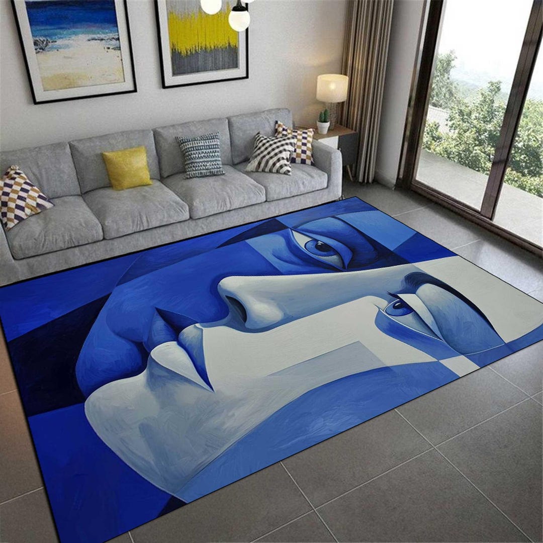 Abstract Blue Face Rug, Modern Art, Machine Washable - Etsy