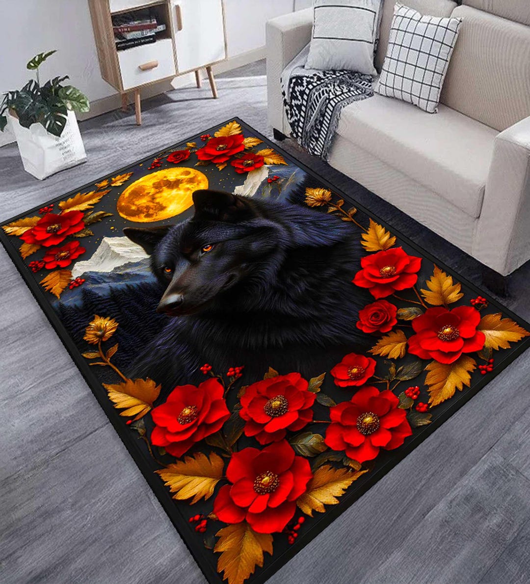 Wolf Rug Drawing Wolf Rug, Red Floral Moon, 3D Digital Print, Fantasy Area Rug - Etsy