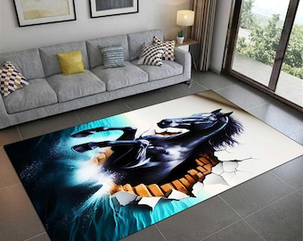 3D Black Horse Rug, Wall Break Design, Modern Animal Art Floor Mat