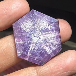 以下が含まれることがあります： 深い紫色の六角形のファセット宝石。石は、中心から放射状に広がる白い線状のインクルージョンの星のようなパターンを特徴としています。宝石は指の間に保持され、研磨された表面と複雑な内部構造を示しています。