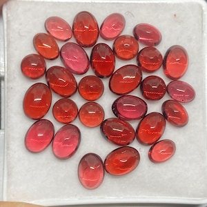 Op de afbeelding: Een verzameling gepolijste edelstenen in tinten rood en roze. De stenen hebben verschillende vormen, waaronder ovaal en rond. De edelstenen worden gepresenteerd op een wit oppervlak, wat hun doorschijnende kwaliteit en levendige kleur benadrukt.