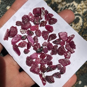 May include: A collection of raw, uncut ruby gemstones in varying shapes and sizes. The gemstones are a deep red color, with some showing darker, almost black inclusions. They are displayed on a white surface.