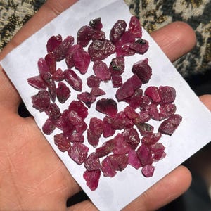 May include: A collection of rough ruby gemstones, in a deep red colour. The gemstones are scattered on white paper, showing their irregular shapes and natural textures. The image highlights the raw beauty of the precious stones.