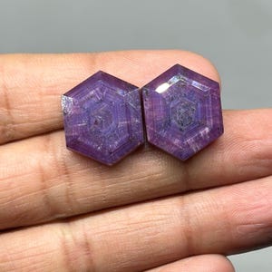 以下が含まれることがあります： 深い紫色の六角形、ファセットカットの宝石が2つ。宝石は複雑な内部構造を持ち、石の中に線や模様が見えます。ファセットが光を捉え、キラキラとした効果を生み出しています。宝石は手で持たれています。