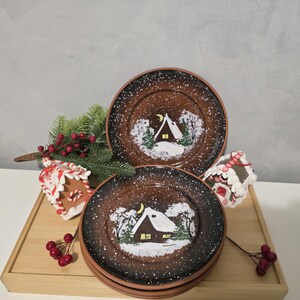 Handmade Ceramic Dinner Plates Set of 4, Winter Village Painted Red Clay Plates, Christmas Tableware, Cozy Rustic Home Decor