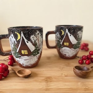 Handmade Ceramic Mug for Tea and Coffee, Red Clay Pottery, Cozy Winter Cabin Coffee Mug, Unique Hand Painted Tea Cup