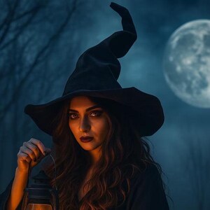 以下が含まれることがあります： 黒い魔女の帽子をかぶり、ランタンを持っている女性。背景には満月と暗くぼやけた森があり、不気味なハロウィーンのテーマを作り出しています。