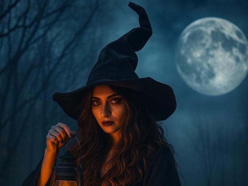 以下が含まれることがあります： 黒い魔女の帽子をかぶり、ランタンを持っている女性。背景には満月と暗くぼやけた森があり、不気味なハロウィーンのテーマを作り出しています。