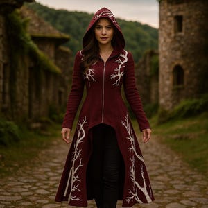 Può includere: Un cappotto con cappuccio bordeaux con ricami bianchi a forma di rami di alberi. Il cappotto ha un orlo alto-basso e una chiusura con cerniera. La persona cammina su un sentiero acciottolato.