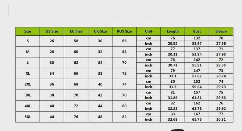 May include: A size chart with measurements in inches and centimeters. The chart includes sizes from S to 5XL, with corresponding US, EU, UK, and RUS sizes. Measurements for length, bust, and sleeve are also provided.
