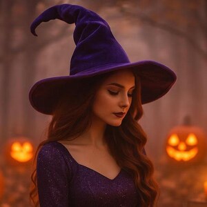 以下が含まれることがあります： 紫色の魔女の帽子とドレスを着た女性が、長い赤褐色の髪で、光るカボチャのランタンの前に立っています。シーンは森の中に設定され、柔らかいオレンジ色の光がハロウィーンのテーマを作り出しています。