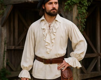 Renaissance Pirate Viking Tunic, Medieval Men's Retro Shirt, Ren Faire Puffy Sleeves Shirt, Larp Knight Warrior Tunic, Vintage Cosplay Shirt