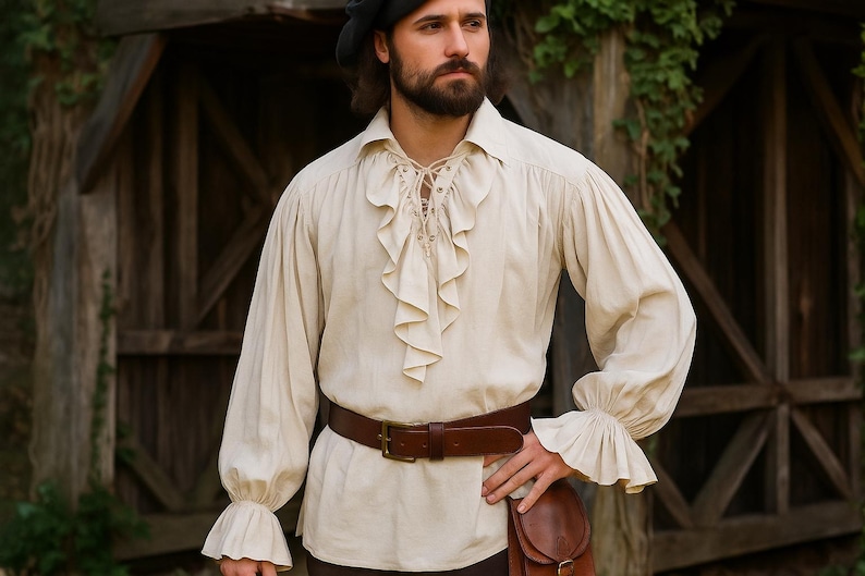 Renaissance Pirate Viking Tunic, Medieval Men's Retro Shirt, Ren Faire Puffy Sleeves Shirt