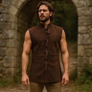 Peut inclure: Un gilet sans manches en daim marron avec un col montant et trois fermetures à boucle. Le gilet est d'un brun foncé riche et semble être fait de daim souple. Le gilet est porté sur une chemise marron clair.