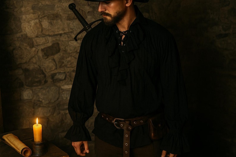 May include: Black long-sleeved shirt with ruffled cuffs and a lace-up neckline. A brown leather belt with a pouch is worn around the waist. A sword is over the shoulder. A lit candle and scroll are on a wooden table.