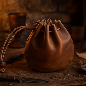 Può includere: Un sacchetto marrone in pelle con coulisse, appoggiato su un tavolo di legno. Sono visibili anche una candela accesa, monete e un piccolo coltello, che suggeriscono un tema medievale o fantasy.