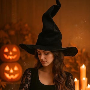 May include: A black witch hat with a wide brim and a tall, curved point. The hat is worn by a person wearing a black top with lace sleeves. Two carved pumpkins and lit candles are in the background, creating a Halloween theme.