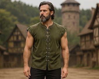 Viking LARP Sleeveless Shirt, Medieval Ren Faire Pirate Tunic, Knight Warrior Costume Vest, Renaissance Cosplay Shirt, Retro Festival Tunic