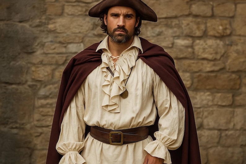 May include: A person wearing a historical costume. The outfit includes a brown hat, a cream-colored ruffled shirt, a brown cape, and a brown belt with a square buckle. The background is a stone wall.
