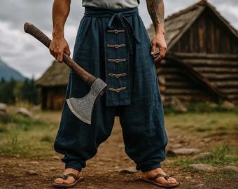 Renaissance Medieval Pants, Wide Leg Cotton Linen Pants, Men's Viking Costume Pants, Viking Harem Pants, Ren Faire Street Wear Pants