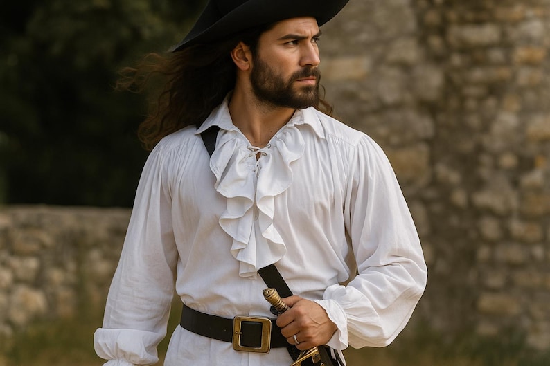 May include: A white ruffled shirt with long sleeves, a black belt with a gold buckle, and a black hat. The shirt has a lace-up neckline. A sword is attached to a black strap.
