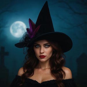 以下が含まれることがあります： 紫色の羽と黒いバラが付いた黒い魔女の帽子をかぶった女性。彼女は長く波打つ茶色の髪、赤い口紅、黒いトップスを着ています。背景には満月と墓地が描かれています。