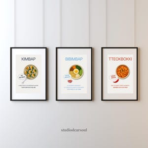 Korean Food Poster Set | Bibimbap, Kimbap, Tteokbokki Prints | Asian Cuisine Wall Art, Digital Download