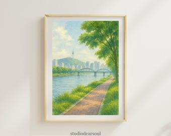 Korean Seoul Han River Poster | Riverside Path Watercolor Art | City Landscape Print | Digital Download