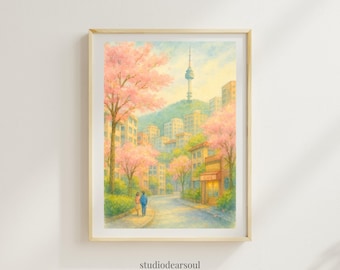 Korean Seoul Cherry Blossom Poster | Spring City Watercolor Art | Floral Landscape Print | Digital Download