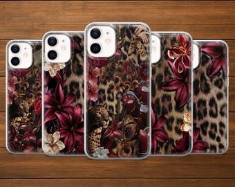 Handyhülle Burgunder Gepard | Leopard Blumen Bezug | iPhone, Samsung und Google Pixel