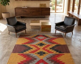 Tappeto in lana e juta stile sud-occidentale, tappeto tribale geometrico tessuto a mano, tappeto Kilim boho, tappeto rustico per l'arredamento del soggiorno.
