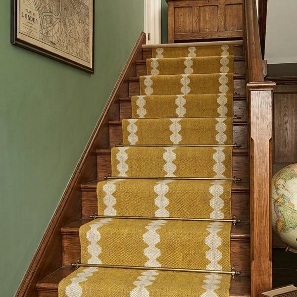 Mustard Yellow Stair Runner , Handmade Wool Jute Stair Carpet, Geometric Staircase Runner, Modern Farmhouse Hallway Rug, Custom Stair Treads