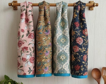 Handgemacht Kantha Küchenhandtücher 4er Set | Bunte Vintage Geschirrtücher aus Baumwolle mit Aufhängeöse | Weiche, langlebige, handgenähte Spültücher