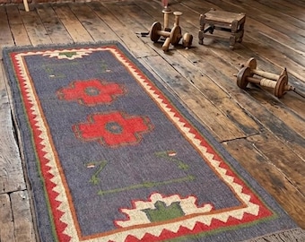 Vintage Southwestern Runner Rug, Tribal Boho Kilim Carpet, Rustic Farmhouse Hallway Rug, Navajo Style Geometric Runner with Fringe