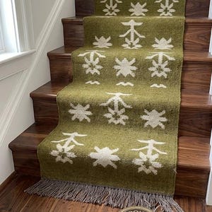 Southwestern Area Rug, Green Navajo Geometric Living Room Carpet, Boho Farmhouse Tribal Rug, Rustic Bedroom Accent Rug, Fringe Floor Decor image 1