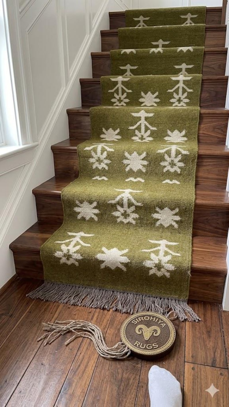 Southwestern Area Rug, Green Navajo Geometric Living Room Carpet, Boho Farmhouse Tribal Rug, Rustic Bedroom Accent Rug, Fringe Floor Decor image 1