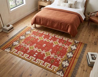 Alfombra Kilim de terracota estilo suroeste, alfombra de lana y yute tejida a mano, alfombra bohemia geométrica tribal, alfombra rústica de granja para dormitorio, alfombra vintage.