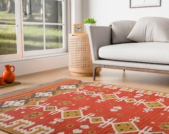 Handwoven Red Kilim Rug,Vintage Tribal Geometric Carpet,Boho Southwestern Area Rug,Wool Living Room Rug,Rustic Home Decor,Artisan Flatweave