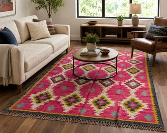 Pink Moroccan Rug, Handmade Wool Area Rug, Boho Geometric Carpet, Berber Tribal Floor Decor, Shag Accent Rug