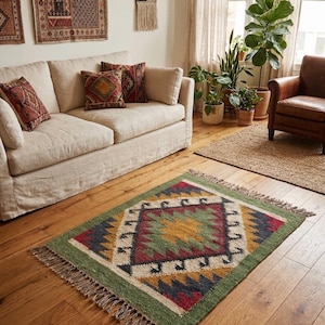 Handwoven Tribal Kilim Rug, Southwestern Area Rug, Boho Accent Rug, Geometric Wool Jute Rug, Rustic Farmhouse Decor, Small Entryway Rug
