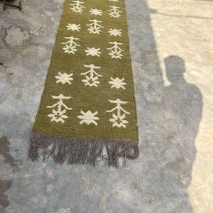 Southwestern Area Rug, Green Navajo Geometric Living Room Carpet, Boho Farmhouse Tribal Rug, Rustic Bedroom Accent Rug, Fringe Floor Decor image 6