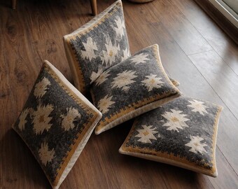 Set of 4 Boho Throw Pillow Covers | Southwestern Aztec Cushion Covers | Gray Beige Woven Decorative Pillow Set | Rustic Sofa Pillows